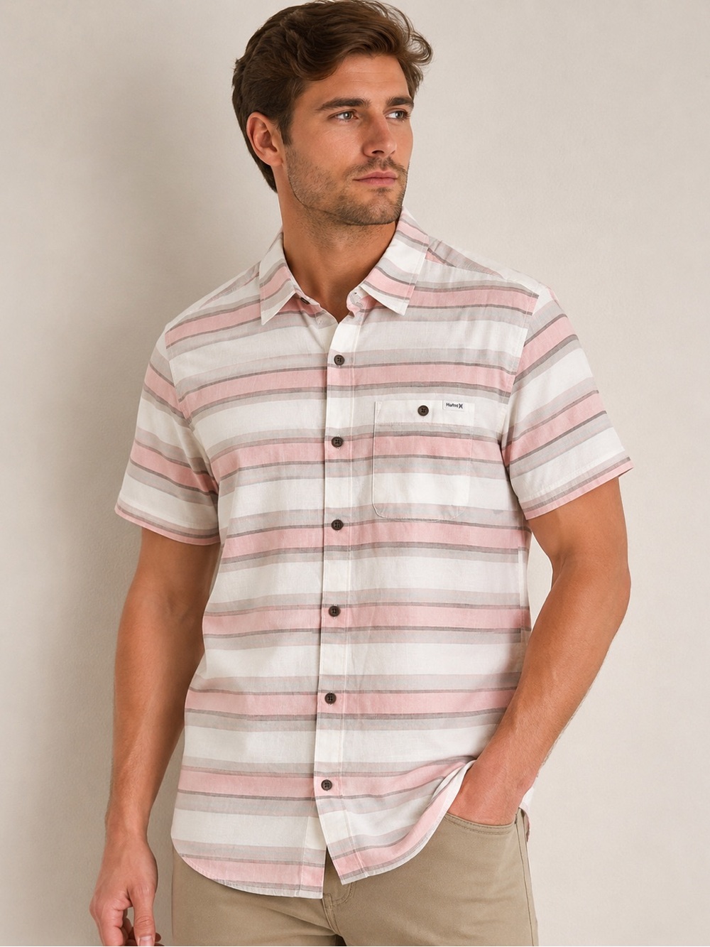 Hurley Men's Short-Sleeve Button-Up Shirt in Pink and Cream Stripe Stretch Shirt